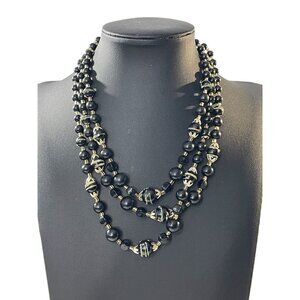 Vintage Multi 3-Strand Graduated Necklace Textured Black Gold Beads Japan Silver
